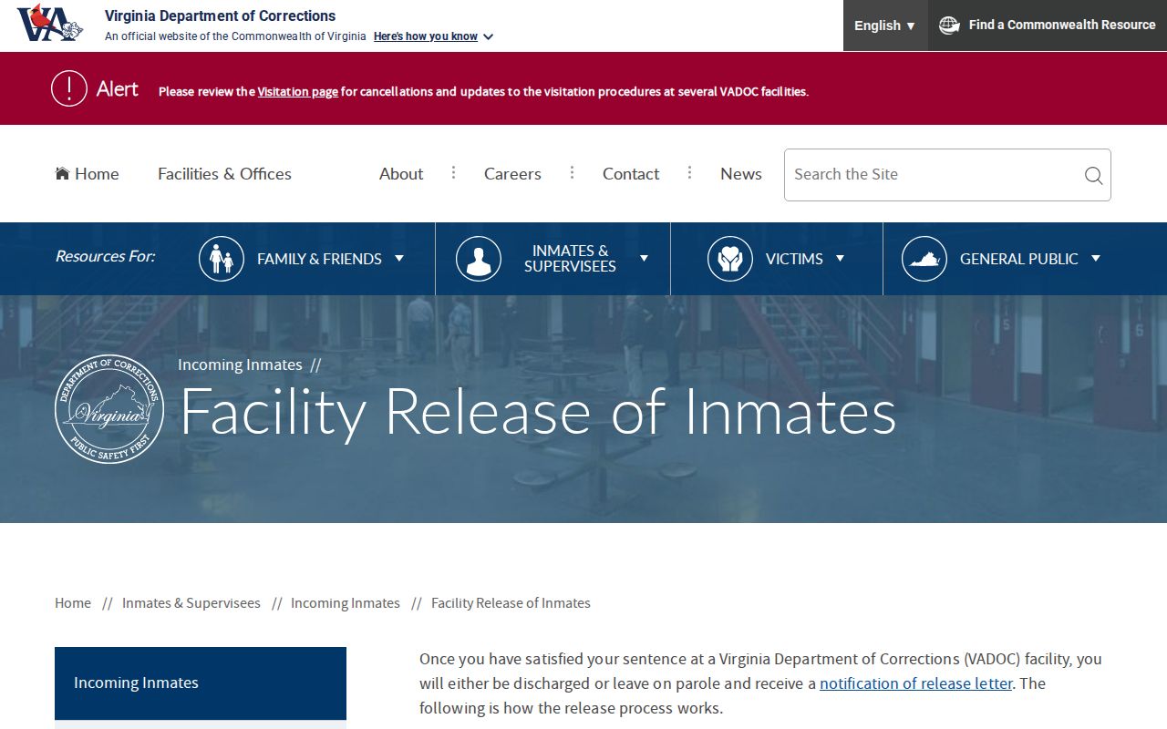 VADOC facility release process for a Middlesex County inmate
