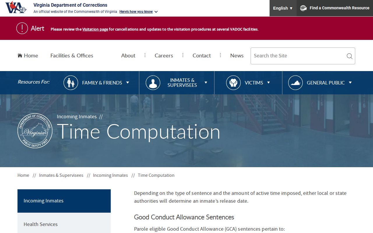 VADOC time computation for Middlesex County inmate release dates